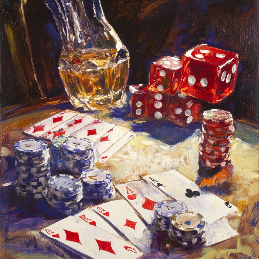 Gambling board game.Cards, chips, roulette.Gaming flat lay. Close-up of a card for playing poker on a gaming table in a casino against a background of chips. Background for the gaming business.